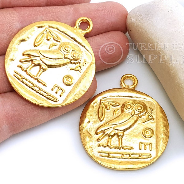Gold Owl Pendant, Large Coin Pendant, Gold Greek Coin, Athena Pendant, Owl Coin Necklace, Medallion Necklace, Greek Coin, Roman Coin