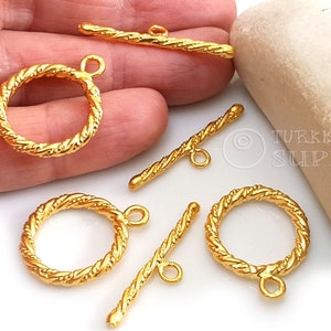 Gold Toggle Clasp, Twisted Toggle Clasps, Large Round Clasp, T Bar Clasp, Necklace Clasp Findings, Gold Jewelry, 2 Sets