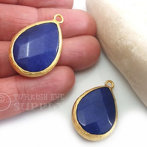 Sapphire Blue Gemstone Teardrop Pendant, 26mm Faceted Jade Pendant, 22k Gold Plated Bezel Pendant, Turkish Jewelry, Bohemian Jewelry