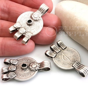 Afghan Coin Pendant, Large Silver Plated Coin Pendant, Multi Strand Connector Pendant, Ethnic Coin Pendant, Coin Charm, Coin Findings, 1pc