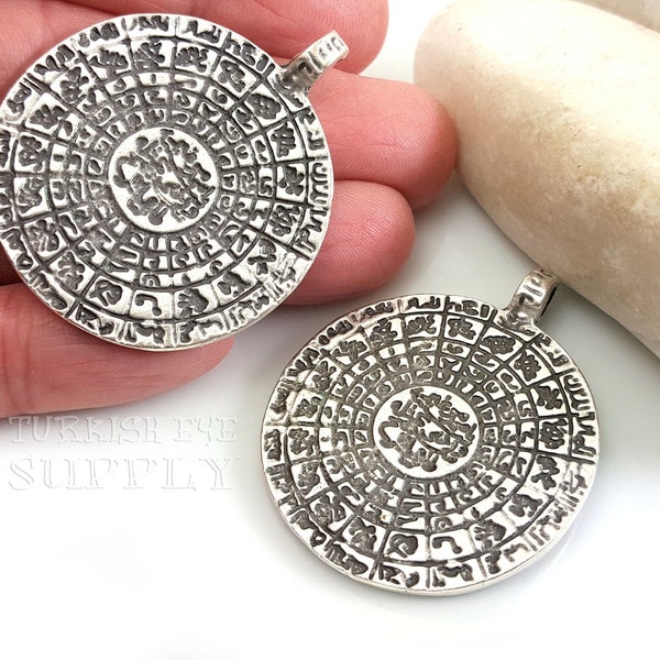 Silver Phaistos Disc Charm, Greek Phaistos Disc Pendant, Ancient Minoan Cretan Necklace Pendant, Large Medallion Disc Pendant, 1pc