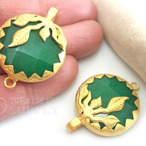 Emerald Green Gemstone Connector, Gemstone Bracelet Findings, Filigree Leaf Gemstone Pendant, Gold Bezel Round Jade Connector