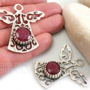 Large Silver Angel Pendant, Garnet Red Jade Stone, Fretwork Angel Pendant, Silver Angel Findings, 1Pc