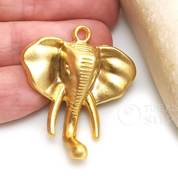 Elephant Head Pendant, 22k Gold Plated Exotic Elephant Pendant, Gold Elephant Charms, Turkish Jewelry, Gold Plated Necklace Findings, 1pc