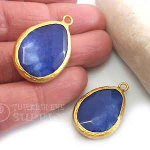 Lapis Blue Teardrop Pendant, Gemstone Pendant, 26mm Faceted Jade Pendant, 22k Gold Plated Bezel Pendant, Turkish Jewelry, Bohemian Jewelry