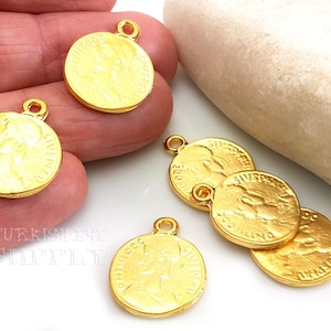 Gold Greek Medallion Pendant, Rustic Greek Coin Pendant, Ancient Greek Coin Pendant, Large Gold Coin, Medallion Necklace Pendant, 2 Pc