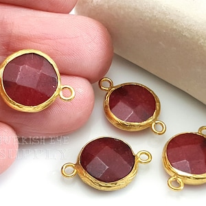 Burgundy Jade Gemstone Connector, Gemstone Bracelet Findings, Gemstone Pendant, Hammered Gold Bezel, 14mm Round Jade Connector