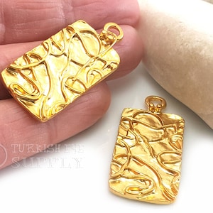 Gold Rectangle Pendant, Large Rectangle Pendant, Geometric Jewelry, Gold Findings, 22k Gold Plated, Turkish Jewelry, Rustic Jewelry, 1Pc