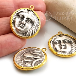 Silver Greek Coin Charm, Ancient Greek Coin, Gold Plated Bezel, Silver Coin Pendant, Helios Medallion Pendant, Gold Coin Necklace, 1pc