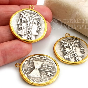 Ancient Greek Coin, Silver Greek Coin, Gold Plated Bezel, Silver Coin Pendant, Zeus Hera, Silver Medallion Pendant, Gold Coin Necklace, 1pc