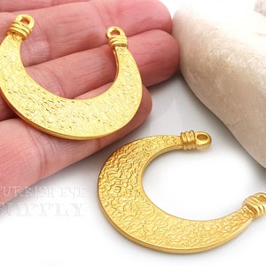 Gold Crescent Charm, Gold Crescent Pendant, Large Crescent Pendant, Crescent Connector, Gold Plated Jewelry Components, Double Horn Pendant