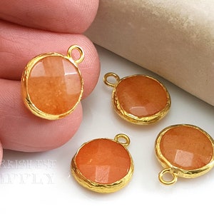 Orange Jade Gemstone Pendant, 22k Gold Plated Hammered Bezel, 14mm Round Faceted Gemstone Pendant, Gemstone Earring Pendant