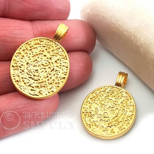 Greek Phaistos Disc, Gold Medallion, Medallion Necklace, Ancient Greek Coin, Large Coin, Large Gold Coin Pendant, Rustic Coin Pendant, 1pc