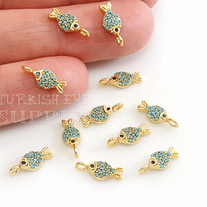 Tiny Pave Fish Charm, Crystal Fish Charm, 22k Gold Plated Cubic Zirconia Fish Charm, 1 pc