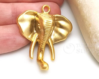 Elephant Head Pendant, 22k Gold Plated Exotic Elephant Pendant, Gold Elephant Charms, Turkish Jewelry, Gold Plated Necklace Findings, 1pc