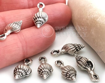 Silver Conch Shell Charms, Nautical Shell Charms, Summer Beach Jewelry Charms, Silver Plated Mini Seashell Charms, 5Pc