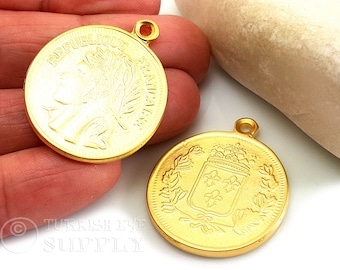 Colgante de moneda de oro grande, colgante de moneda de medallón de oro francés, dije de medallón de oro, collar de medallón, colgante de moneda francesa, 1 pieza