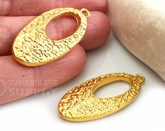 Gold Oval Pendant, Oval Earring Charms, Hammered Oval Loop Pendant, 22k Gold Plated Hoop Pendant, Jewelry Components, Turkish Jewelry, 2pc
