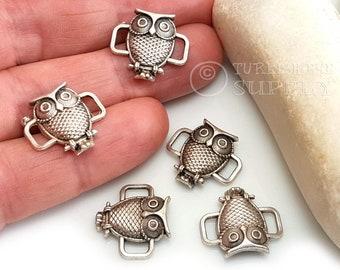 Silver Owl Connector Charms, Antique Silver Plated Owl Charms, Owl Bracelet Connector Findings, 5 pc