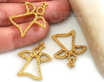 Dijes de ángel dorados, colgante de ángel chapado en oro de 22 quilates, dije de ángel texturizado, accesorios de joyería de ángel dorado, 1 pieza