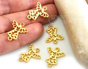 Ciondolo angelo dorato, connettore angelo traforato, placcato oro 22k, mini ciondolo angelo, componenti per gioielli angelo, braccialetto angelo, gioielli in oro, 5 pezzi