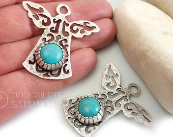 Large Silver Angel Pendant, Turquoise Gemstone Fretwork Angel Pendant, Silver Angel Findings, Turkish Jewelry, 1Pc