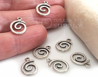 Silver Swirl Charms, Rustic Textured Swirl Charms, Silver Plated Mini Spiral Charms, Silver Jewelry,  10 Pc