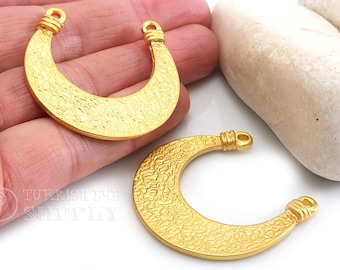 Gold Crescent Charm, Gold Crescent Pendant, Large Crescent Pendant, Crescent Connector, Gold Plated Jewelry Components, Double Horn Pendant