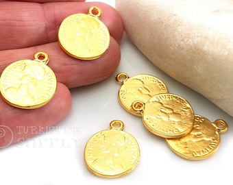 Gold Greek Medallion Pendant, Rustic Greek Coin Pendant, Ancient Greek Coin Pendant, Large Gold Coin, Medallion Necklace Pendant, 2 Pc