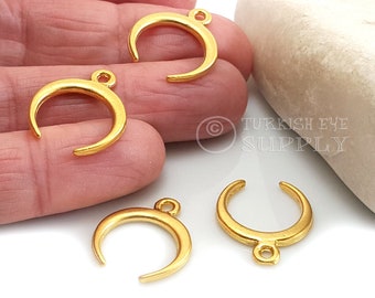 Gold Crescent Charms, Double Horn Charms, 22k Gold Plated, Gold Moon Charms, Ethnic Jewelry, Gold Horn Pendant, Mini Crescent Pendant, 4pc