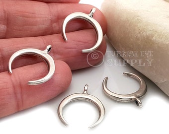 Silver Crescent Charm, Silver Double Horn Charms, Silver Moon Charms, Mini Crescent Pendant, 6 pc