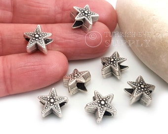 Perle d'espacement d'étoile de mer argentée, perles d'étoile de mer argentées, perle de curseur d'étoile mini, perles de bracelet d'étoile, charmes de perles, résultats d'espacement, 5pc
