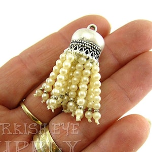 Mini Beaded Tassel, Faux Pearl Beaded Tassel, Silver Plated Cap, Tassel Pendant, Tassel Necklace, Tassel Earring, Bohemian Jewelry, 1 Pc