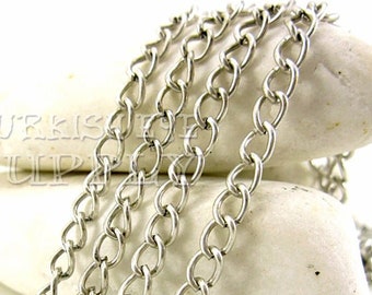 Oval vriden länkkedja, försilvrad kedja, halsbandskedja, 4 x 6 mm oval kedja, oval silverkedja, silversmycken, 1 meter - 3,3 fot
