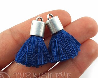 Cotton Tassel Dark Blue, Mini Cotton Tassel, Antique Silver Plated Cap, Bracelet Tassel, Earring Tassel, Silver Tassel, Necklace Tassel, 2pc