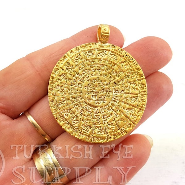 Gold Phaistos Disc, Greek Phaistos Disc, 22k Gold Plated, Ancient Minoan Cretan Necklace, Large Medallion Disc Pendant, 1Pc