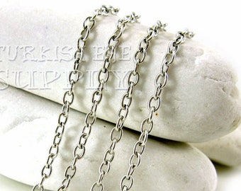 Oval kabelkedja 3 x 4 mm, Försilvrad kedja, Halsbandskedja, 3 x 4 mm oval kedja, Oval silverkedja, Silversmycken, 1 meter