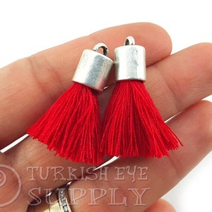 Red Cotton Tassels, Mini Cotton Tassel, Antique Silver Plated Cap, Bracelet Tassels, Earring Tassel, Silver Tassel, Necklace Tassel, 2pc