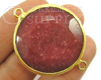 32mm Round Burgundy Jade Connector, 22k Gold Plated Faceted Gemstone Pendant.
