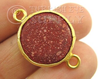 Round 18mm Burgundy Jade Connector, 22k Gold Plated Gemstone Pendant Link, 1Pc