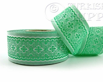 Jacquard Ribbon, Oriental Motive Ribbon, Ethnic Ribbon, Green Ribbon, Woven Border, Jacquard Trim  Embroidered Ribbon, Sewing Trim, 1 Meter