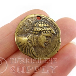 Greek Medallion Pendant, Ancient Greek Coin Pendant, Bronze Plated Coin, Rustic Coin Pendant, Bronze Medallion, Necklace Pendant, 1 Pc