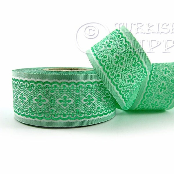 Jacquard Ribbon, Oriental Motive Ribbon, Ethnic Ribbon, Green Ribbon, Woven Border, Jacquard Trim  Embroidered Ribbon, Sewing Trim, 1 Meter