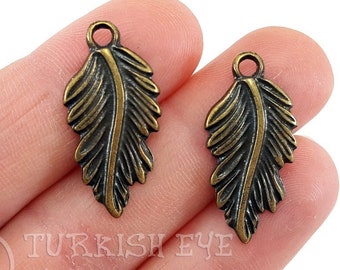 Bronze Feather Charms, Feather Pendants, Leaf Charms, Leaf Pendant, Antique Bronze Plated, Feather Findings, Bronze Jewelry, 5Pc