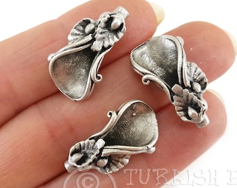 Silver Rustic Bead Caps, Large Cone Caps, Flower Bead Cap, Leaf Design Cap, Silver Plated, Cap Findings, Bead Caps, Turkish Jewelry, 2Pc