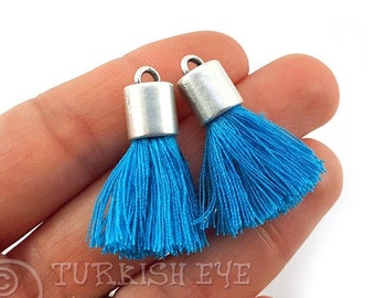 Silver Plated Cap With Blue Cotton Tassel, Mini Cotton Tassel,  Bracelet Tassel, Earring Tassel, Silver Cap Tassel, Necklace Tassel, 2pc