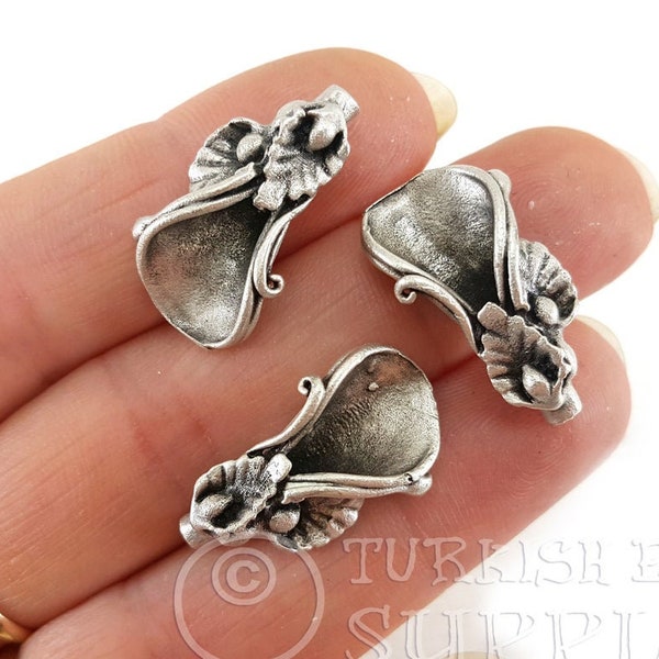 Silver Rustic Bead Caps, Large Cone Caps, Flower Bead Cap, Leaf Design Cap, Silver Plated, Cap Findings, Bead Caps, Turkish Jewelry, 2Pc