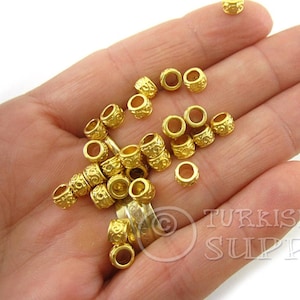 22k Gold Plated Mini Tube Beads, Gold Spacer Beads, Large Hole Bracelet Beads, Tube Spacer Findings, 10Pc