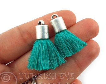 Turquoise Cotton Tassel, Mini Cotton Tassel, Antique Silver Plated Cap, Bracelet Tassel, Earring Tassel, Silver Tassel, Necklace Tassel, 2pc