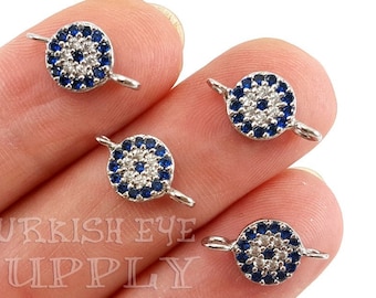 Tiny Pave Evil Eye Connector, Round Evil Eye Charm, Evil Eye Charm, Silver Evil Eye, Silver Plated, CZ Eye, Evil Eye Bracelet Charm, 1 pc